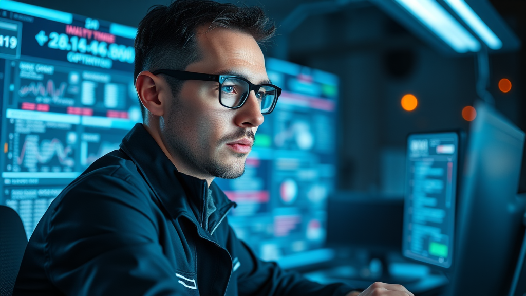 lev.ai use cases in cybersecurity: Focused analyst monitoring digital threat alerts on holographic displays in advanced security operations center, neon blue lighting.
