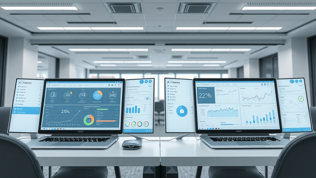 Comparing lev.ai use cases: Side-by-side AI tool interfaces, analytics dashboards, dual workstations in modern tech office, photorealistic.