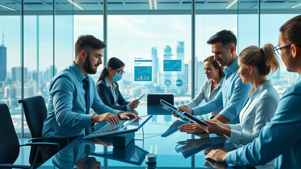 Futuristic office environment with professionals collaborating around AI-powered pipeline management dashboards, lev.ai integration