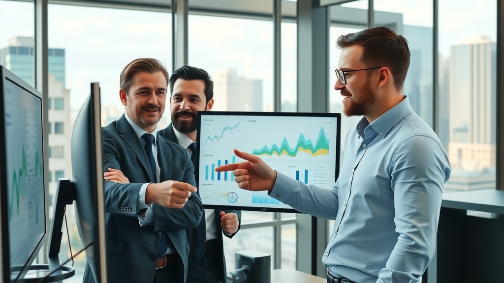 Dynamic business professionals examining real estate analytics dashboards with lev.ai alternatives