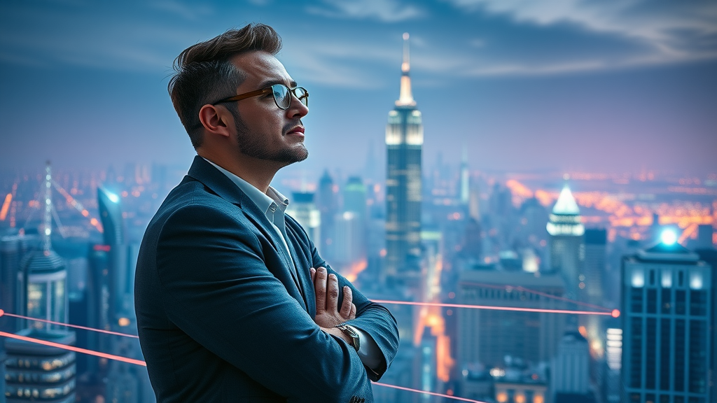 Visionary leader observes futuristic digital city, symbolizing the future of lev.ai alternatives in real estate