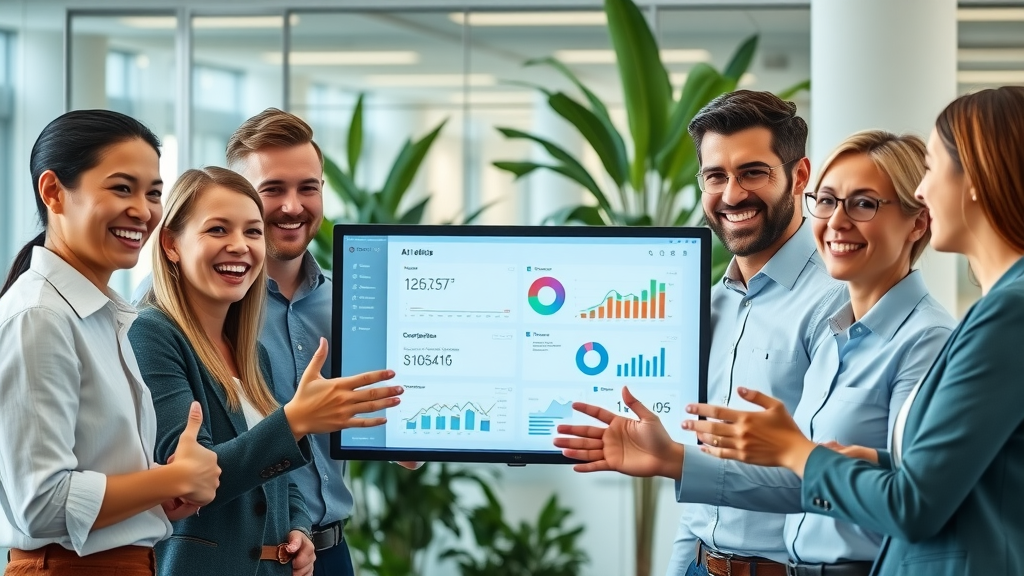 lev.ai benefits inspiring group of modern professionals collaborating around digital AI analytics dashboard in an office environment