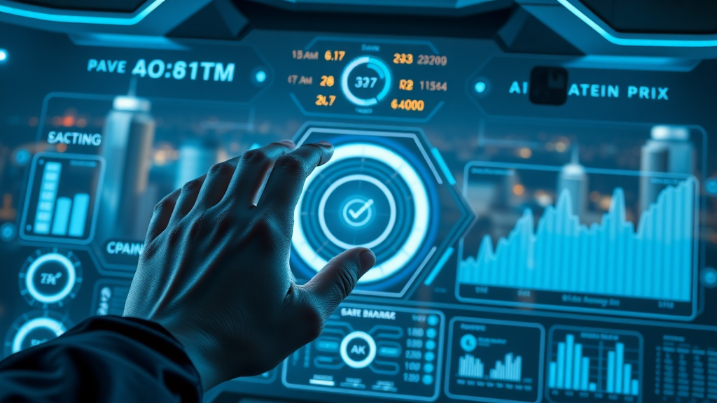 lev.ai benefits futuristic AI dashboard interface in high-tech environment with holographic touch gestures and glowing elements