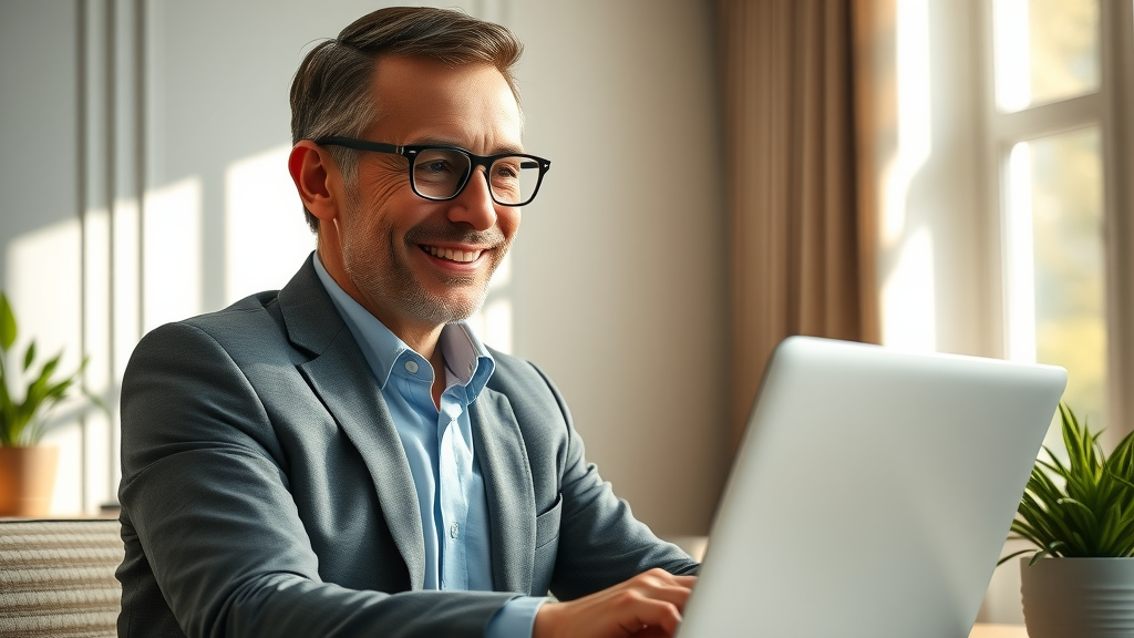 lev.ai benefits enthusiastic business leader relieved while viewing workflow automation on a laptop in a bright home office